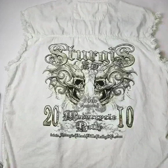 Bikers Edge Sturgis 2010 Sleeveless White Denim Button Up Shirt Embroidered 3XL - Picture 3 of 7